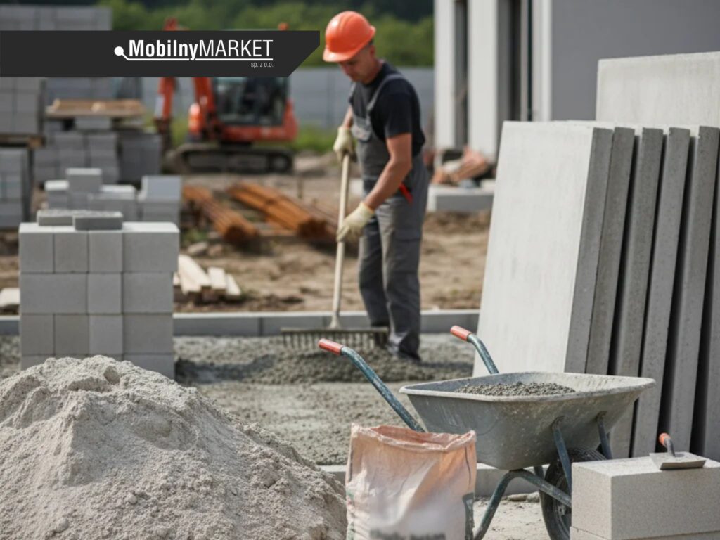 Przygotowanie chudego betonu na budowie – mieszanie cementu, piasku i żwiru łopatą w korycie murarskim