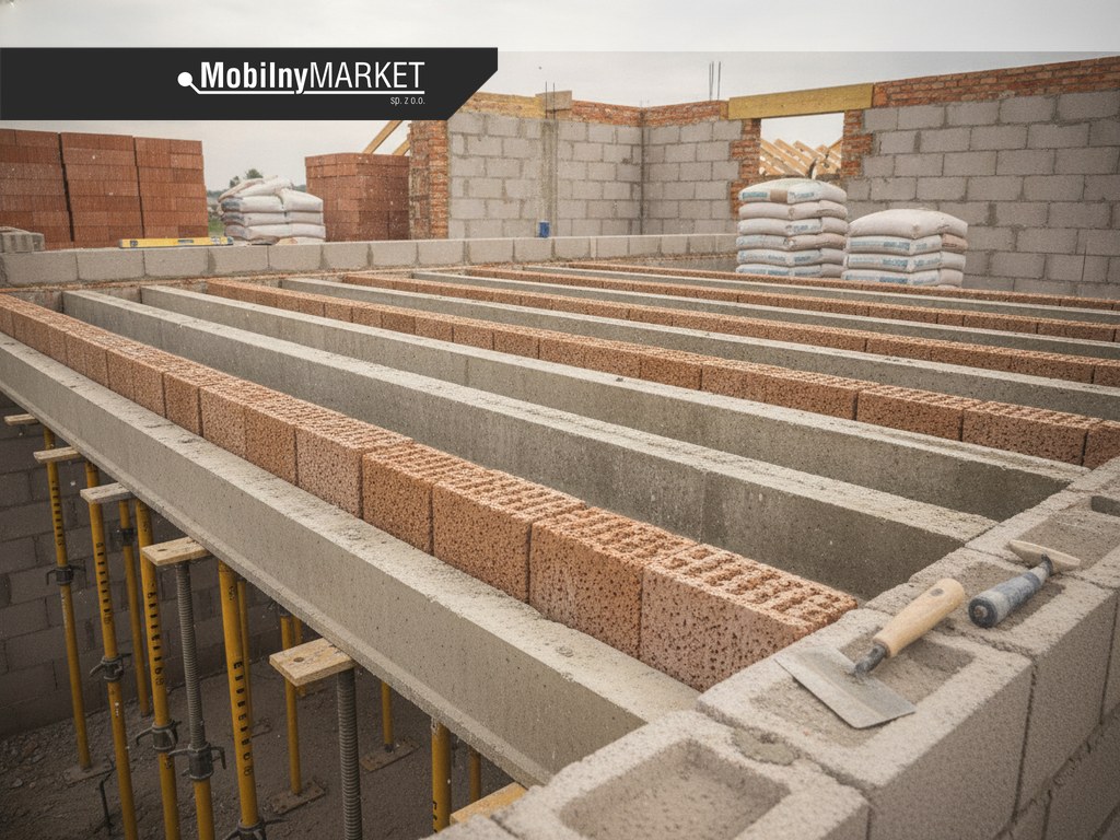 Strop Teriva – belki i pustaki ceramiczne podczas montażu na budowie domu