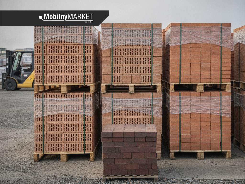 Palety z cegłą ceramiczną kratówką i klinkierem w składzie budowlanym w Krakowie